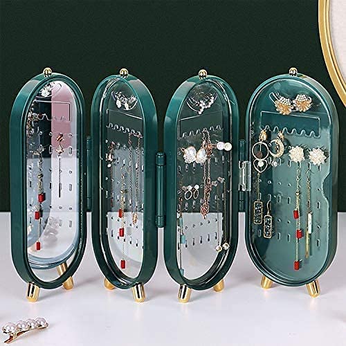 Jewelry Box Organizers With Mirror – Foldable Exquisite Dustproof Jewelry Storage Case Multi-function Screen Shaped Metal Display Jewelry Stand For Earring – Necklace & Bracelet (Random Color)