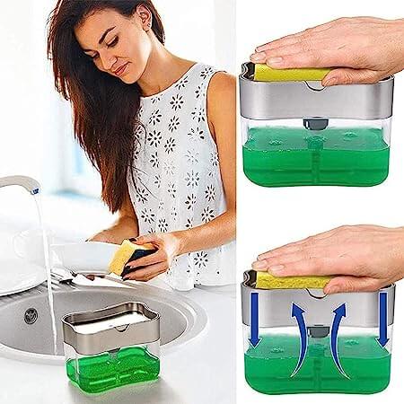 2 in 1 Liquid Soap Dispenser - Pump with Sponge Holder - Kitchen Sink Dishwasher
