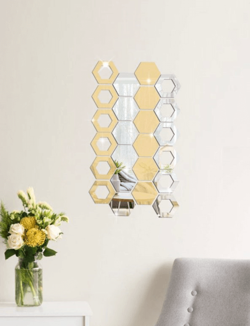 Hexagon Acrylic Mirror Wall Sticker Pack Of 24 (Silver & Golden Mix)