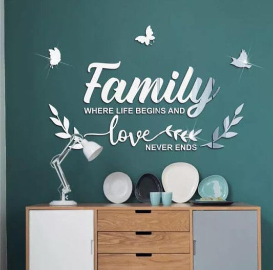 Material Acrylic Mirror – Family Where Life Begins And Love Never End Vinyl Wall Art Sticker Decal Black – (size 24inc X 36inc)